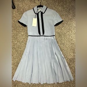 GUCCI SHORT-SLEEVE SILK CREPE
SHIRTDRESS, DUSTY BLUE/BLACK NWT